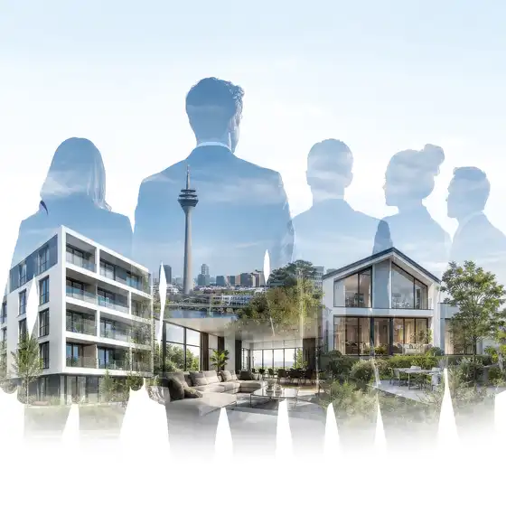 Bildkomposition aus Personen und Gebäuden